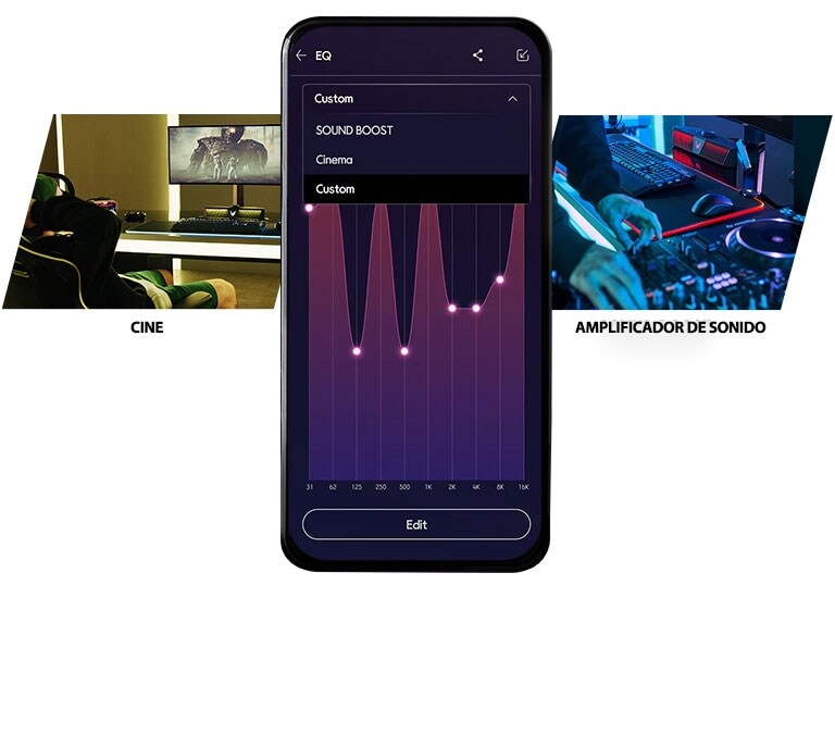 La imagen muestra un teléfono móvil en el centro con los distintos modos de sonido disponibles, a la izquierda una imagen del modo cine, a la derecha una imagen del amplificador de sonido.
