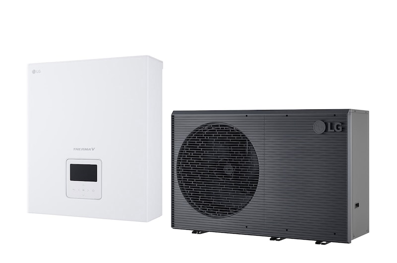 Bomba de calor aire-agua LG THERMA V, unidad exterior de color negro diseñada con rejilla ondulada gris 	