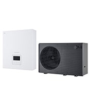 Bomba de calor aire-agua LG THERMA V, unidad exterior de color negro diseñada con rejilla ondulada gris 	