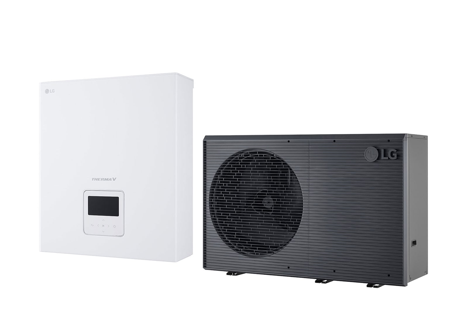 Bomba de calor aire-agua LG THERMA V, unidad exterior de color negro diseñada con rejilla ondulada gris 	