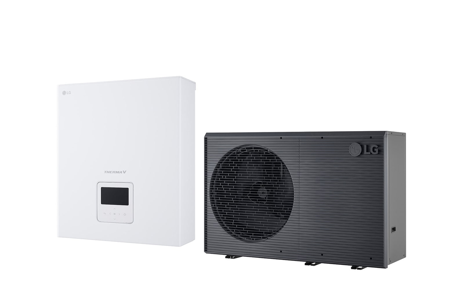 Bomba de calor aire-agua LG THERMA V, unidad exterior de color negro diseñada con rejilla ondulada gris 