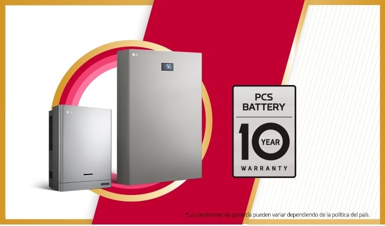 Hay dos productos solares y un logotipo de la garantía de diez años a la derecha.