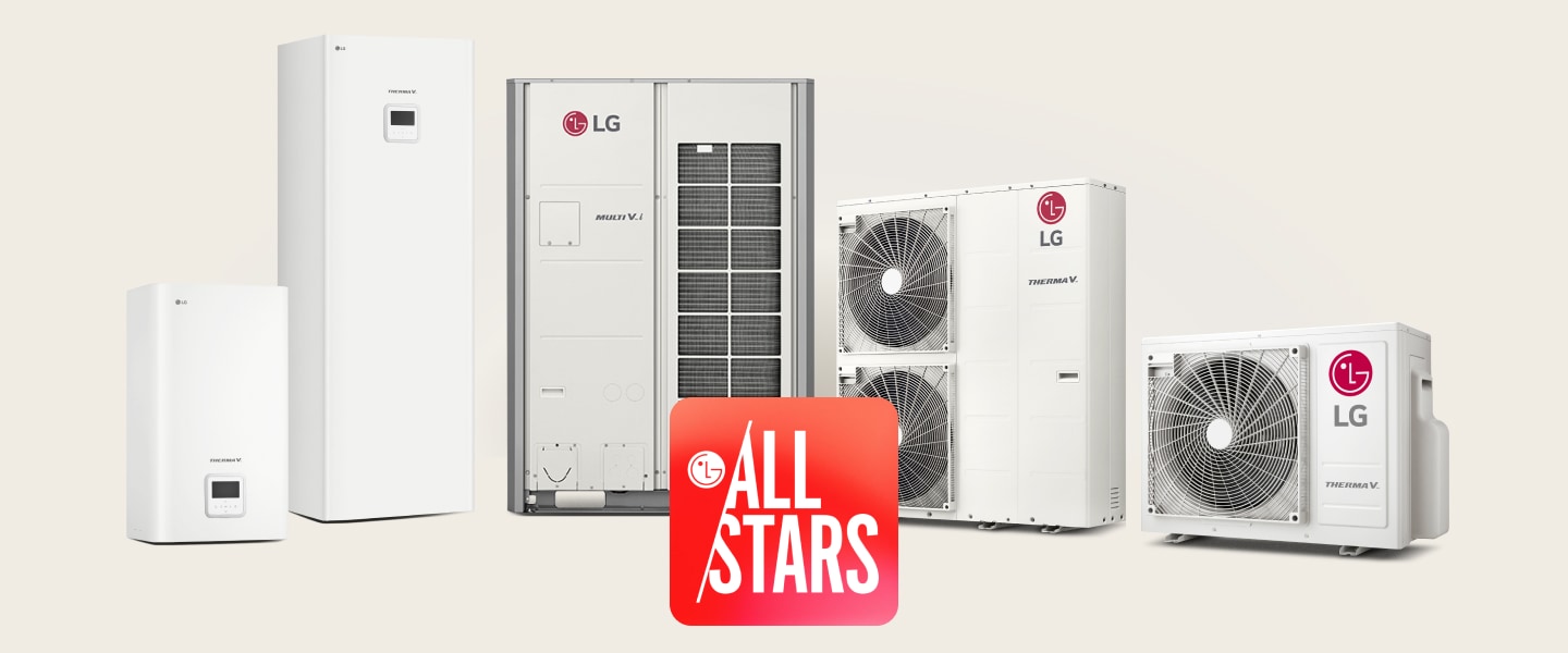 En el centro aparece el logotipo de LG All Stars y detrás cinco bombas de calor aire-agua LG THERMA V. 