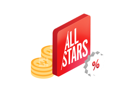 Hay varias monedas apiladas a la izquierda, el logotipo de LG All Stars en el centro y el símbolo de porcentaje dentro de la estrella blanca en forma de estrella a la derecha. 