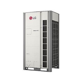 La unidad exterior MULTI V i ZRUM080LTE6 de LG, 8 HP. Conductos cuadrados 1x1 en el lado derecho de la parte frontal así como a cada lado de la unidad.