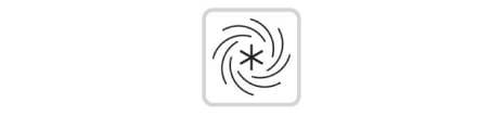 El icono gira hacia el centro, indicando un caudal de aire rápido y potente.