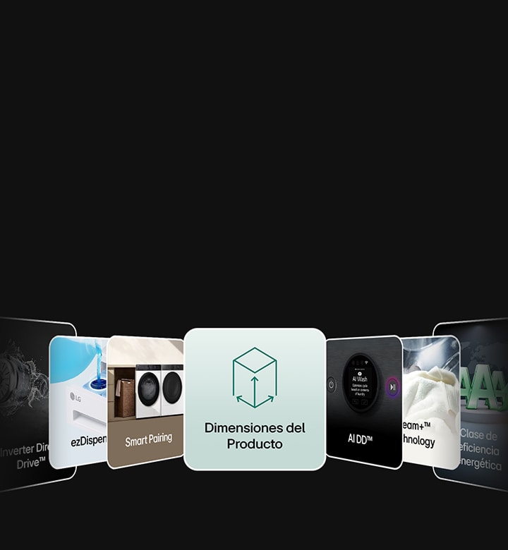 LG laundry appliance feature cards arranged in 3D on a black background, displaying Inverter Drive, ezDisper, Smart Pairing, Product Dimensions, AI DD, and Energy Efficiency Class.