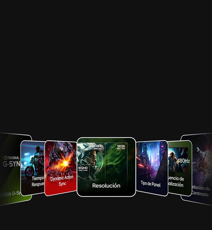 Banner de monitores LG con tarjetas de funciones para tiempo de respuesta, resolución y frecuencia de actualización.