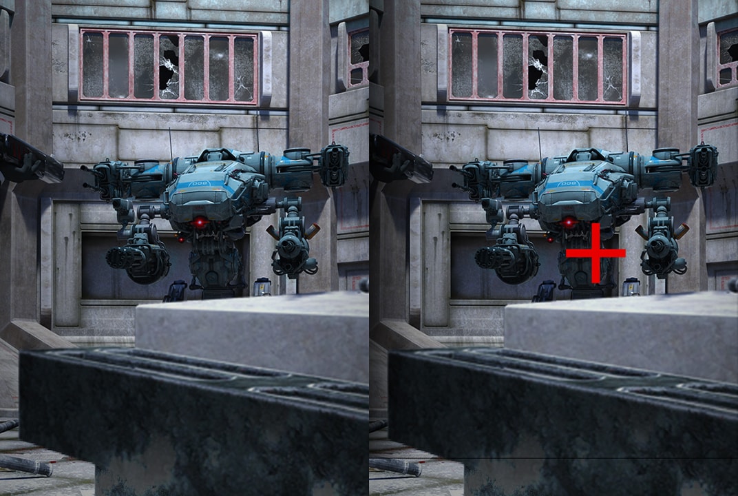 Monitor gaming LG comparando una escena de robot con retícula roja ilustra la ayuda de tiro Crosshair.