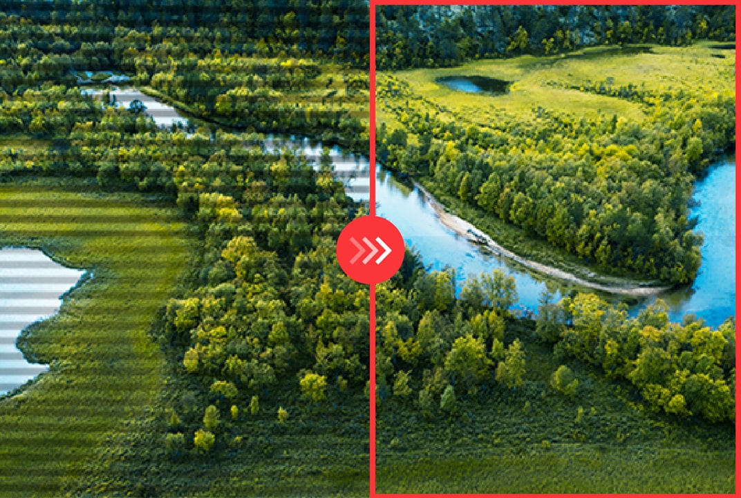Monitor LG mostrando un paisaje dividido entre líneas de escaneo e imagen nítida ilustra el Flicker Safe.