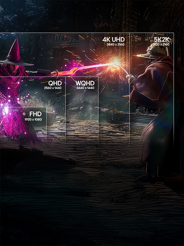 Monitor LG que muestra una escena de juego dividida en secciones FHD, QHD, WQHD, 4K UHD y 5K2K ilustra las opciones de tamaño de pantalla y resolución.