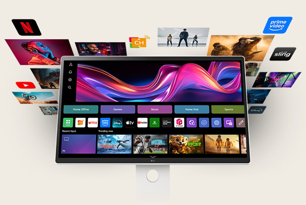 Monitor smart LG que muestra la pantalla de inicio de webOS con tarjetas de apps ilustra la interfaz inteligente.