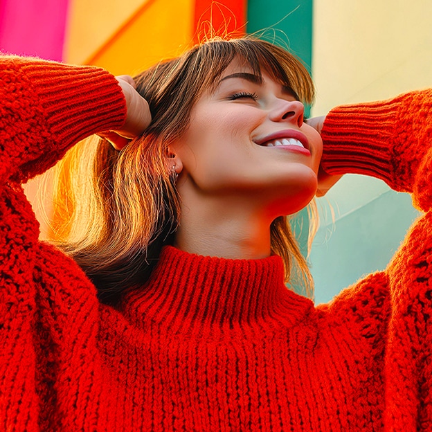 Una foto de una chica con un suéter rojo dividida por la mitad para mostrar el lado izquierdo en SDR y el derecho en HDR10 Pro. El lado derecho de la imagen es más nítido y tiene mayor contraste en comparación con el lado izquierdo.