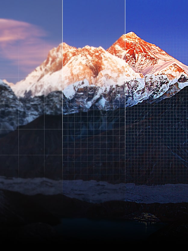 Comparación lado a lado de una imagen de una cordillera con una cuadrícula que representa el número de píxeles por tipo de resolución de pantalla. FHD tiene la menor cantidad de píxeles, mientras que 4K y 8K muestran muchos más detalles. Una pantalla de TV 4K indica que tiene 3840 por 2160 píxeles. Dentro de ella hay un cuadrado más pequeño etiquetado como FHD. Esto muestra la diferencia en calidad y densidad de píxeles entre FHD y 4K.