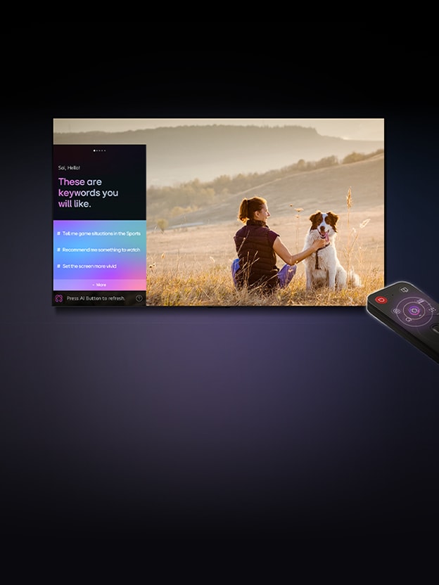 Mando LG AI Magic Remote frente a un televisor LG. En la pantalla aparece un saludo personalizado del asistente LG AI con palabras clave personalizadas basadas en el historial de búsqueda y visualización del usuario. Junto al mando aparece un icono con una etiqueta que muestra que la función AI Concierge es fácilmente accesible con una breve pulsación del botón AI.