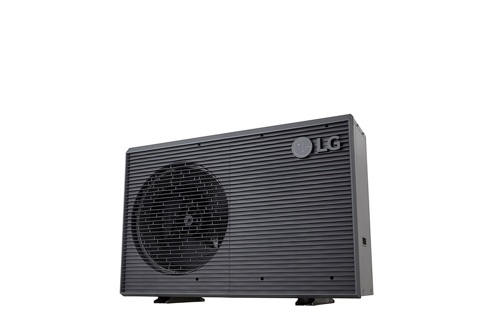 Bombas de calor aire-agua LG HM071MRS UA40, vista inferior derecha de una unidad exterior negra con rejilla ondulada gris.
