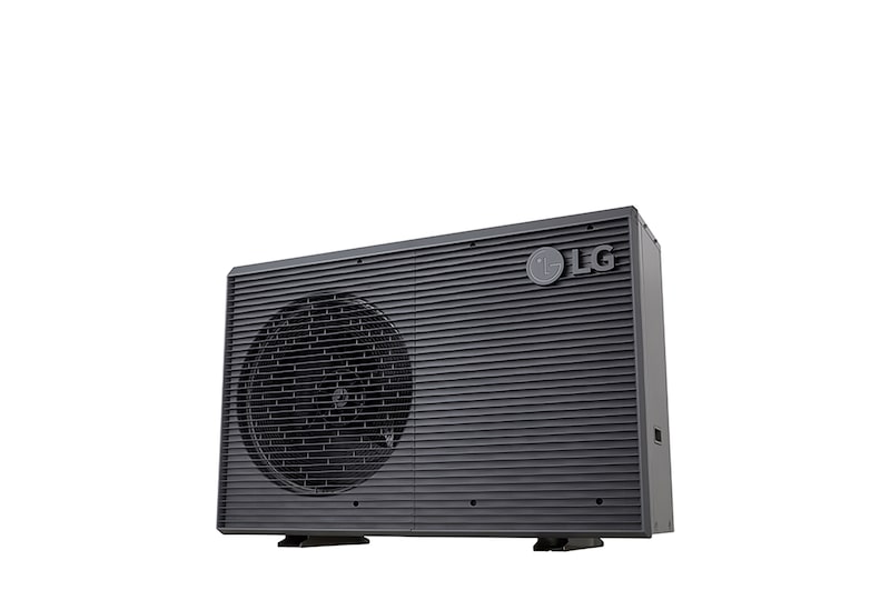 Bombas de calor aire-agua LG HM071MRS UA40, vista inferior derecha de una unidad exterior negra con rejilla ondulada gris.