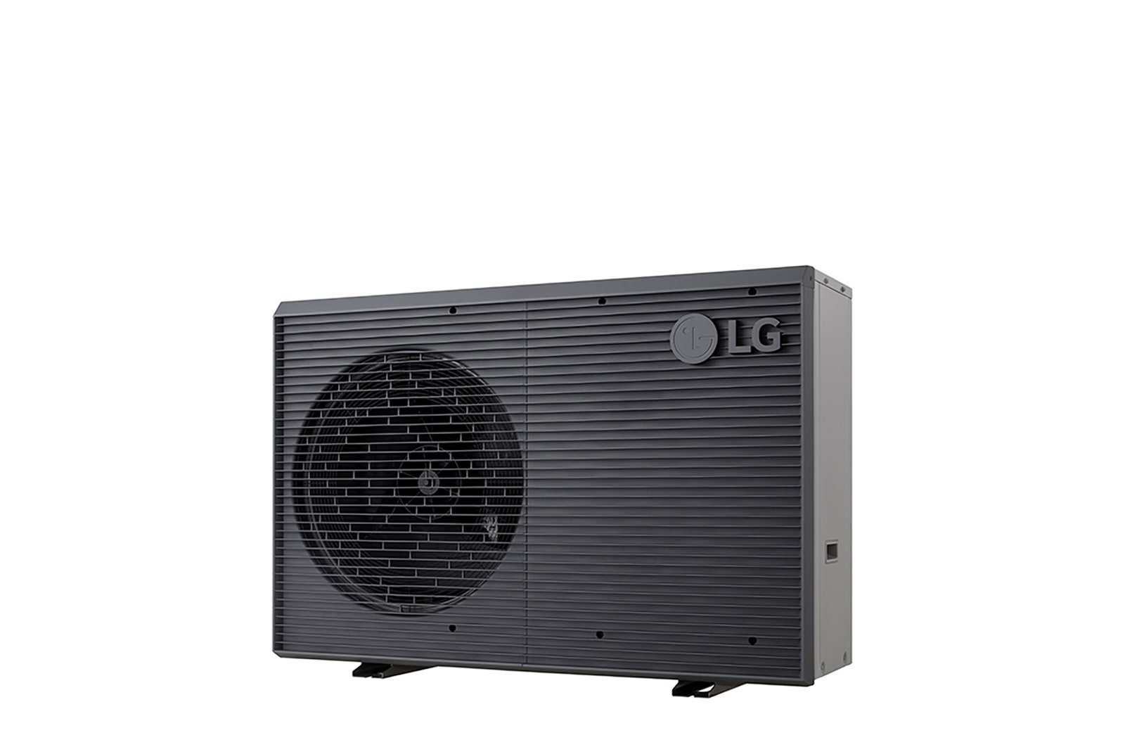 Bombas de calor aire-agua LG HM071MRS UA40, vista en ángulo de la derecha de una unidad exterior negra con rejilla ondulada gris.