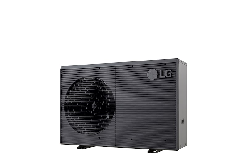 Bombas de calor aire-agua LG HM071MRS UA40, vista en ángulo de la derecha de una unidad exterior negra con rejilla ondulada gris.
