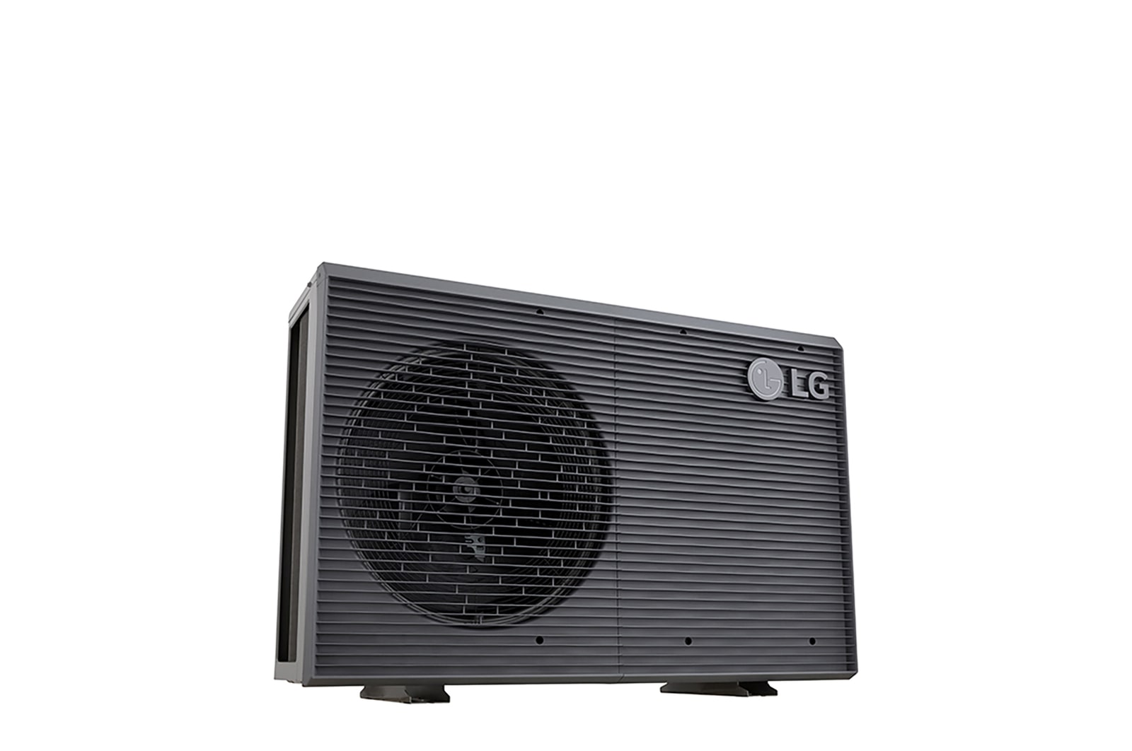 Bombas de calor aire-agua LG HM071MRS UA40, vista inferior izquierda de una unidad exterior negra con rejilla ondulada gris.