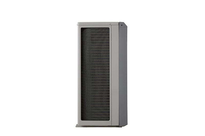 Bombas de calor aire-agua LG HM071MRS UA40, vista del lado izquierdo de una unidad exterior negra con rejilla ondulada gris.