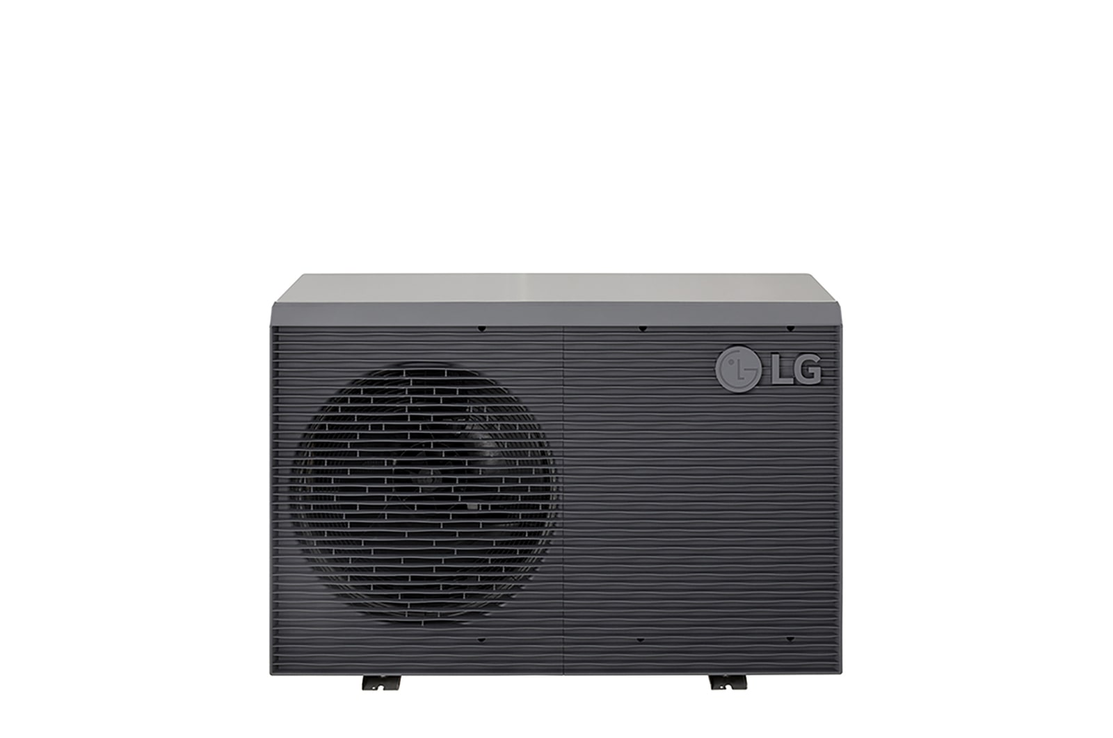 Bombas de calor aire-agua LG HM071MRS UA40, vista frontal superior de una unidad exterior negra con rejilla ondulada gris.