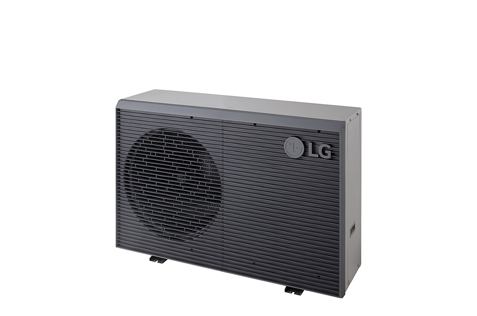 Bombas de calor aire-agua LG HM071MRS UA40, vista frontal derecha de una unidad exterior negra con rejilla ondulada gris.