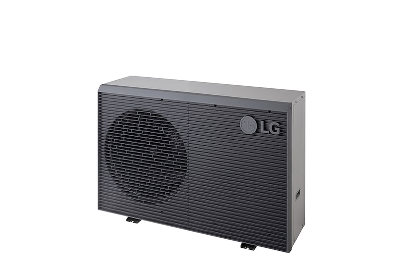 Bombas de calor aire-agua LG HM071MRS UA40, vista frontal derecha de una unidad exterior negra con rejilla ondulada gris.