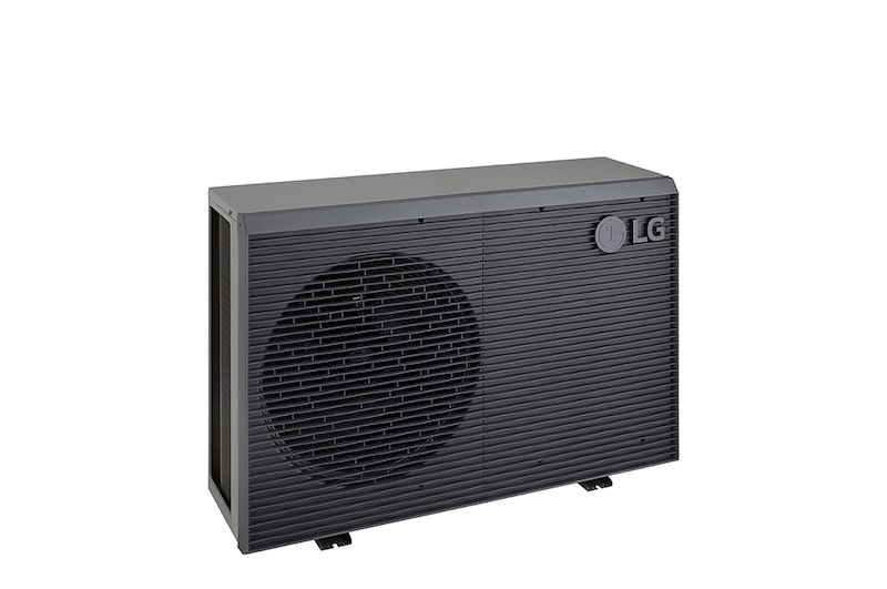 Bombas de calor aire-agua LG HM071MRS UA40, vista superior izquierda de una unidad exterior negra con rejilla ondulada gris.