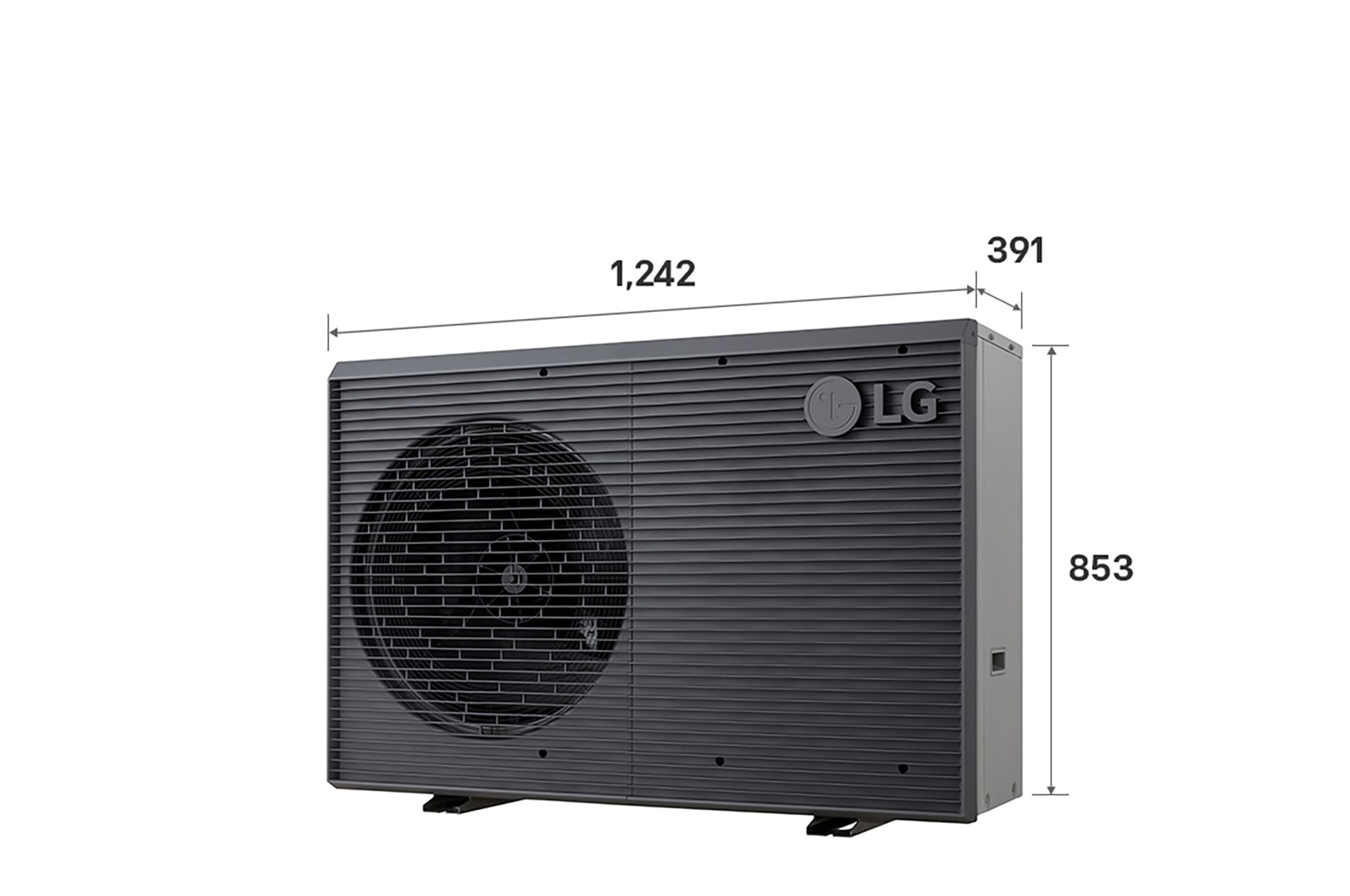 Bombas de calor aire-agua LG HM071MRS UA40, con indicación de las dimensiones, unidad exterior negra con rejilla ondulada gris.