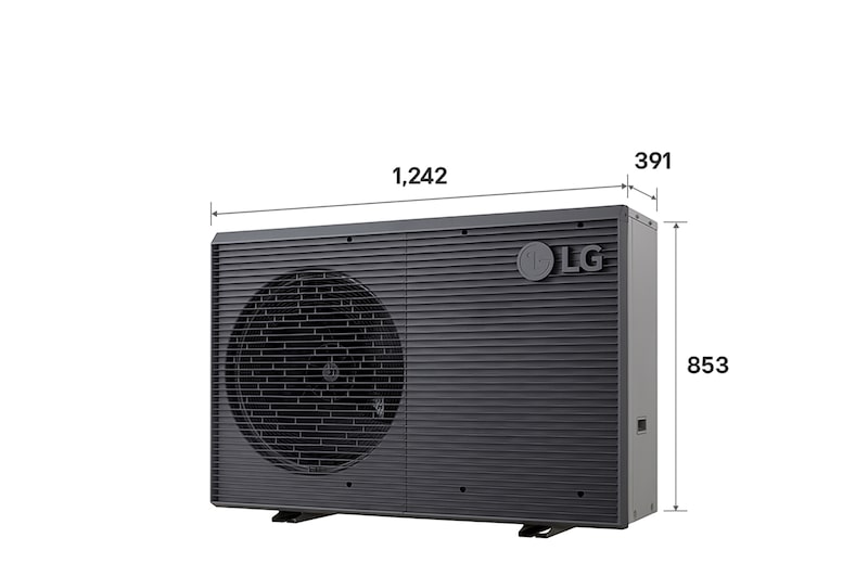 Bombas de calor aire-agua LG HM071MRS UA40, con indicación de las dimensiones, unidad exterior negra con rejilla ondulada gris.