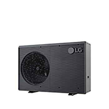 Bombas de calor aire-agua LG HM071MRS UA40, vista en ángulo de la derecha de una unidad exterior negra con rejilla ondulada gris.