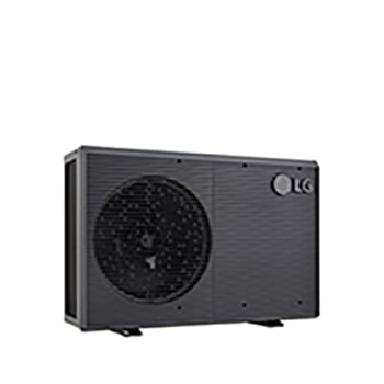 Bombas de calor aire-agua LG HM071MRS UA40, vista en ángulo de la izquierda de una unidad exterior negra con rejilla ondulada gris.