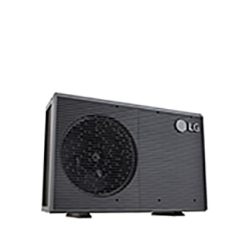 Bombas de calor aire-agua LG HM071MRS UA40, vista inferior izquierda de una unidad exterior negra con rejilla ondulada gris.