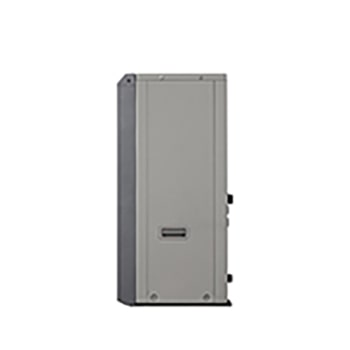 Bombas de calor aire-agua LG HM071MRS UA40, vista del lado derecho de una unidad exterior negra con rejilla ondulada gris.