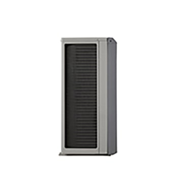 Bombas de calor aire-agua LG HM071MRS UA40, vista del lado izquierdo de una unidad exterior negra con rejilla ondulada gris.