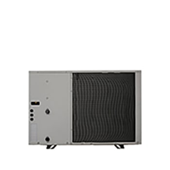 Bombas de calor aire-agua LG HM071MRS UA40, vista trasera de una unidad exterior negra con rejilla ondulada gris.