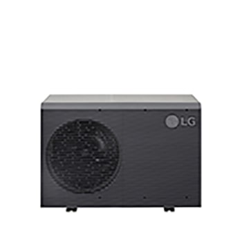 Bombas de calor aire-agua LG HM071MRS UA40, vista frontal superior de una unidad exterior negra con rejilla ondulada gris.