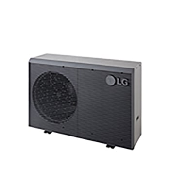 Bombas de calor aire-agua LG HM071MRS UA40, vista frontal derecha de una unidad exterior negra con rejilla ondulada gris.