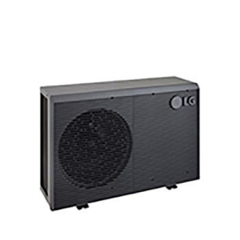 Bombas de calor aire-agua LG HM071MRS UA40, vista superior izquierda de una unidad exterior negra con rejilla ondulada gris.