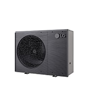 Bombas de calor aire-agua LG HM161MRS UB40, vista en ángulo de la derecha de una unidad exterior negra con rejilla ondulada gris.