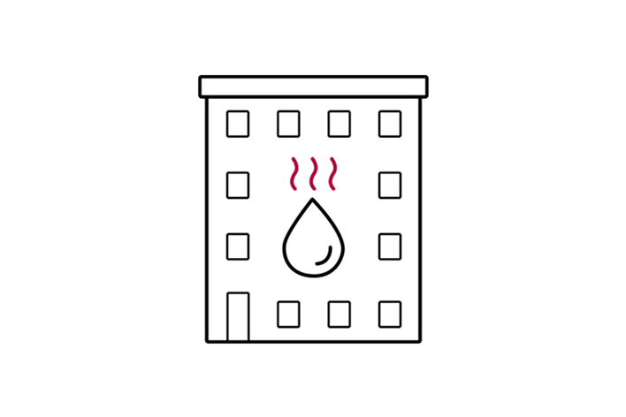 Edificio comercial claro con gotas de agua y vapor en el centro que representan la función de calefacción.