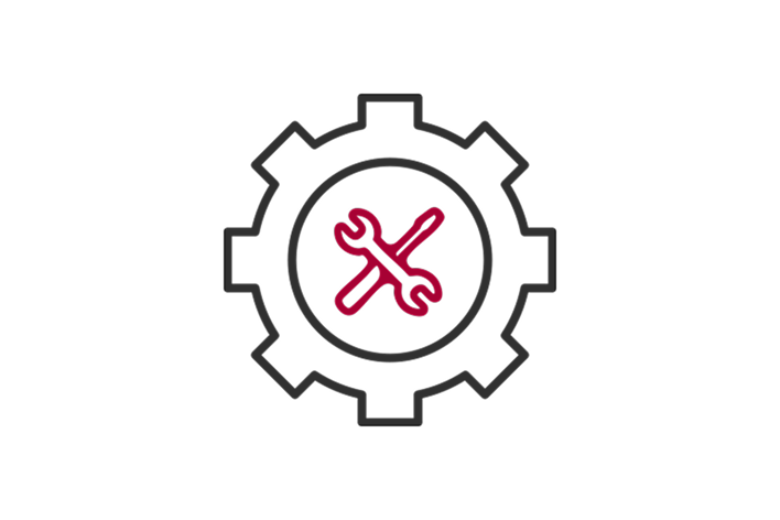 Icono de engranaje con símbolo de llave en el interior que representa las capacidades de mantenimiento y servicio