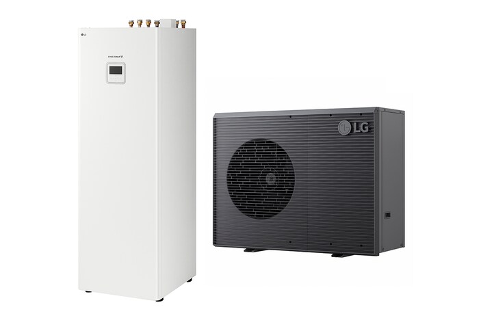 Bomba de calor aire-agua LG THERMA V, unidad exterior de color negro diseñada con rejilla ondulada gris	