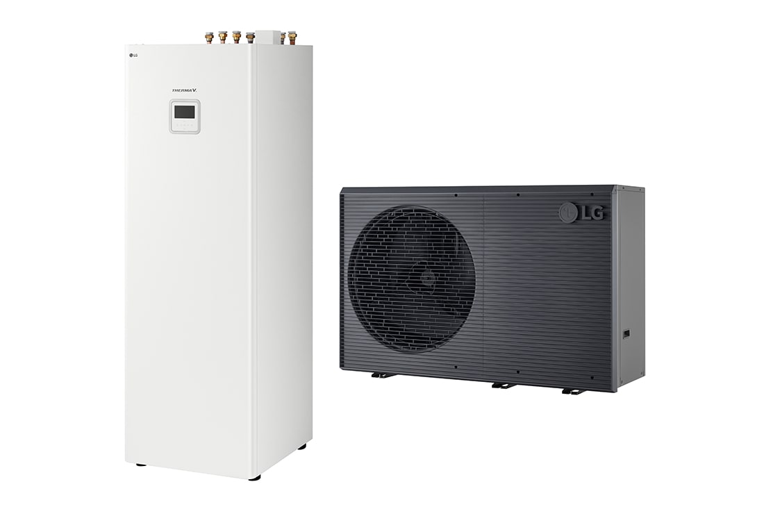 Bomba de calor aire-agua LG THERMA V, unidad exterior de color negro diseñada con rejilla ondulada gris