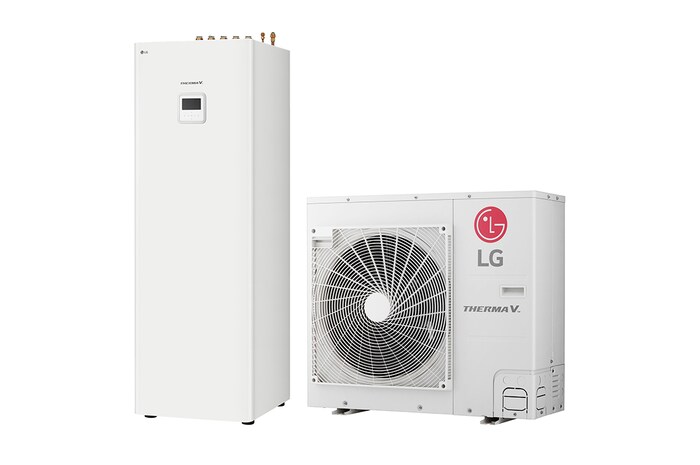 Vista lateral derecha a 45 grados de una unidad interior IWT rectangular blanca y una unidad exterior con un ventilador redondo colocadas una al lado de la otra.