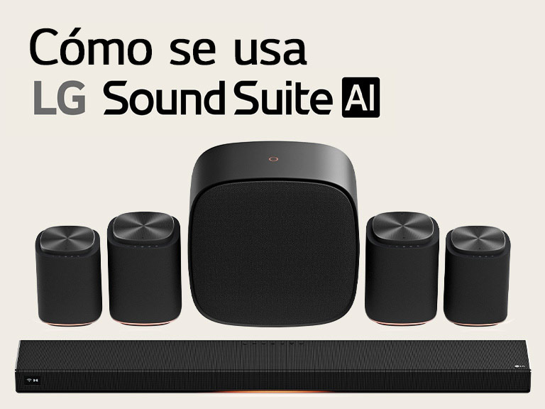 Conjunto de altavoces para cine en casa LG Sound Suite con una soundbar H7, un par de altavoces M7, otro par de altavoces M5 y un altavoz de graves W7.