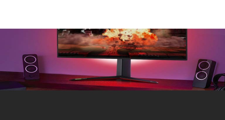 alt="El monitor soportando el modo Sound Sync y emitiendo luces coloridas de Sphere Lighting 2.0."