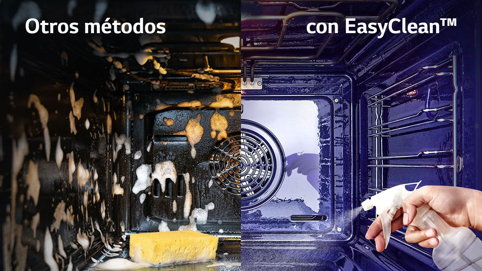 Imagen dividida, la imagen de la izquierda muestra el interior del horno burbujeante y la imagen de la derecha muestra el vapor que sale del interior del horno.