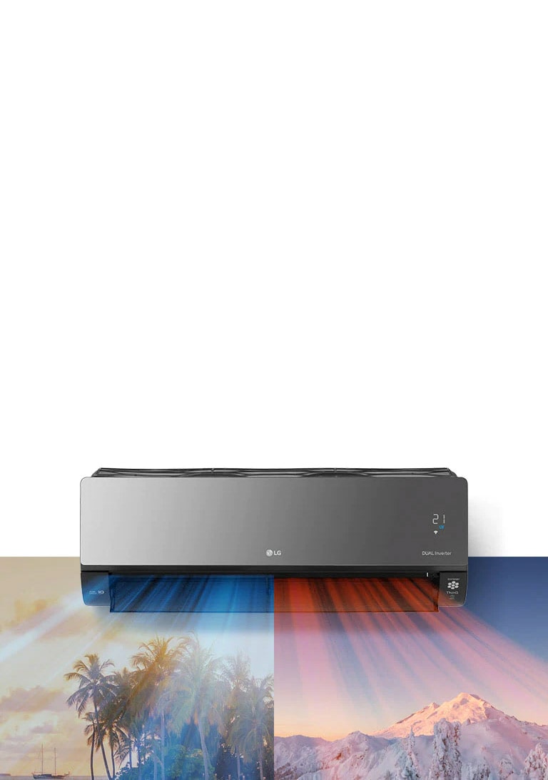 An LG air conditioner is hanging at the top center of the image. Beneath it are two images, one image shows a hot beach scene and the other shows a snowy mountain scene. Air blows out of the air conditioner with cool blue air on the beach scene and warm red air across the snowy scene.